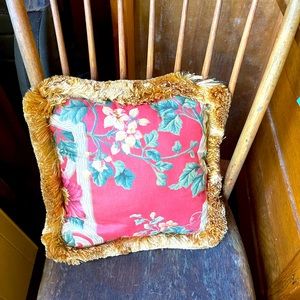 Silk fringe floral cottage style throw pillow.